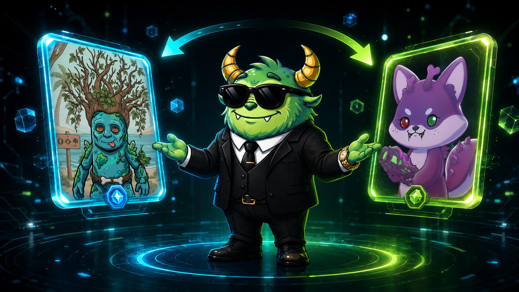 Gloopo Swap — mascot brokering an atomic NFT trade